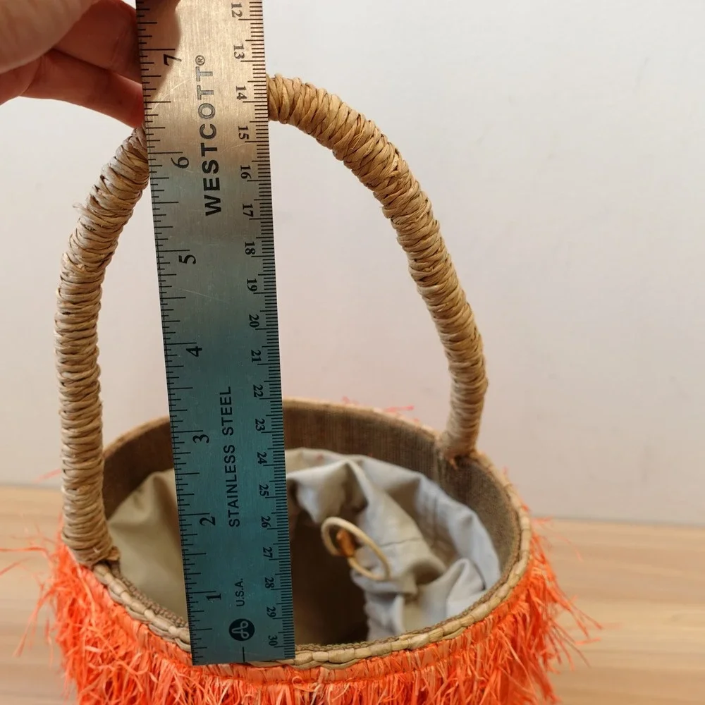 Orange Fringe‎ Straw Bucket Bag Natural Tan Basket Tote Summer Beach Boho KAYU